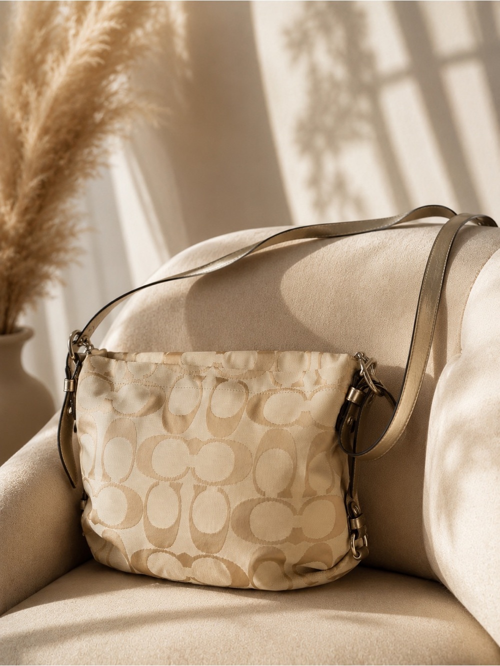 Coach Signature Jacquard Hobo Bag Champagne Leather Trim Y2K Shoulder Bag